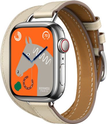 New Hermes Apple Watch Series 9 with Gold Attelage Double Tour Hermes Band  Brown