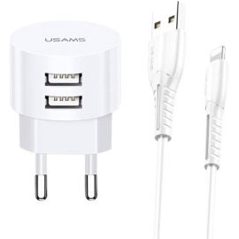 Usams T20 Dual USB Round Travel Charger with U35 MIRCO charging & Data cable White