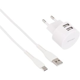 Usams T20 Dual USB Round Travel Charger With U35 Type C Charging & Data cable White