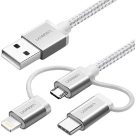 UGreen 50203 US186 3 in 1 Braided iPhone Type C Micro USB Charging Cable Silver 1.5m