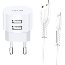Usams T20 Dual USB Round Travel Charger with U35 Lightning Charging & Data cable White